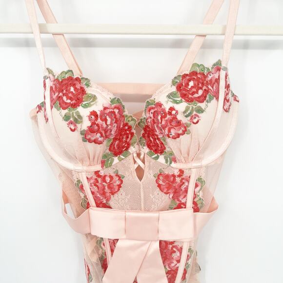 Victorias Secret VS Womens Floral Embroidered Mesh Lace Corset Top Size 36B Pink - Picture 2 of 9